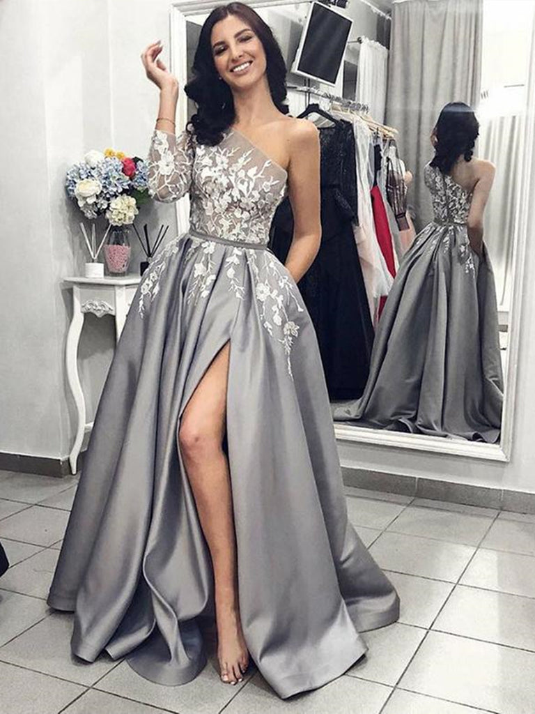 One Shoulder Gray Lace Prom Dresses ...